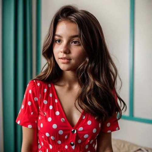 wearing a red mini dress with big white dots.  A simple youth room.,polka dot dress,polka dots,girl in red dress,red tablecloth,polka,on a red background,girl in t-shirt,red background,cotton top,flor