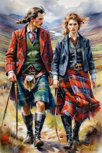 scotsmen,scotswoman,tartans,scottish,scots,kilts,Illustration,Paper based,Paper Based 11