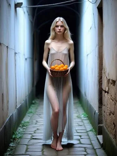 The picture shows a young skinny woman with long, platinum blonde hair standing in a narrow, dark corridor or street. There is a gloomy, mysterious atmosphere. The woman is wearing a long, absolutely 