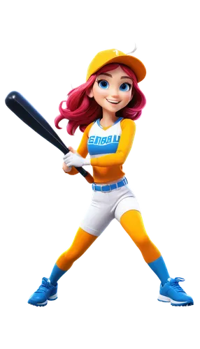 Cartoon softball, bright colors, rounded shape, bold lines, dynamic pose, smiling face, big eyes, colorful hair, athletic wear, baseball bat, ball in hand, jumping motion, action lines, vibrant backgr