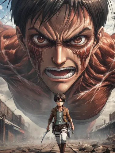 Eren, the hero of Attack on Titan, faces the camera with an Attack on Titan behind him.,angry man,katakuri,determination,franky,angry,warrior east,detective conan,muscle man,sand road,sakana,game illu