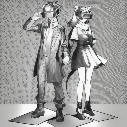 black and white vector art  use bold lines like comic
,stand models,vintage boy and girl,vintage man and woman,3d figure,plug-in figures,model kit,game figure,boy and girl,advertising figure,man and w