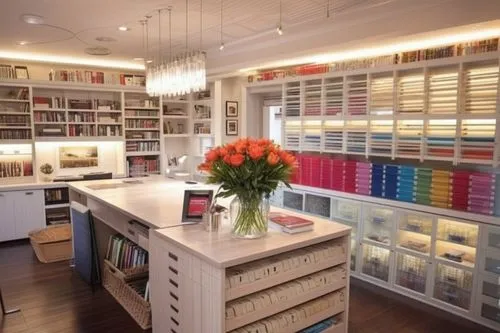 Interior image 8k Full HD of an art room, with storage spaces and a desk in the center,bookshelves,paint boxes,watercolor shops,apothecary,search interior solutions,bookshop,book store,watercolor tea 