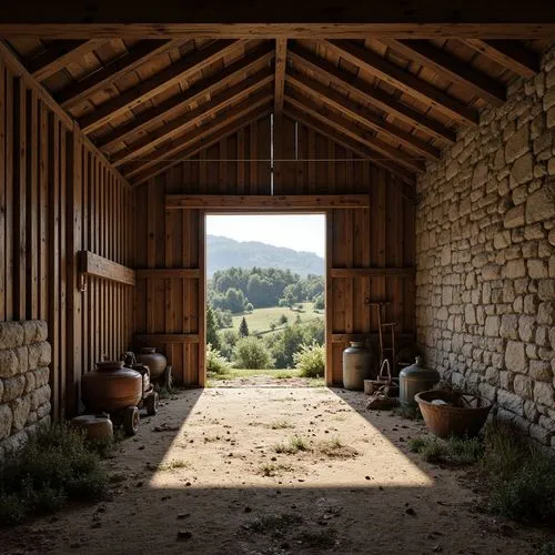 Rustic barn, weathered wood, earthy tones, muted colors, natural textures, wooden beams, stone walls, vintage farm equipment, rolling hills, countryside scenery, soft warm lighting, gentle shadows, 2/