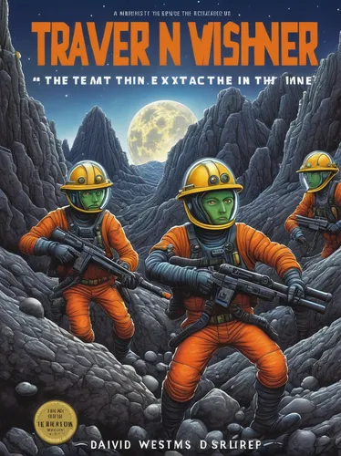 Amidst the treacherous depths of an alien planet, a brave team of miners race against time to extract the target of high-tech mining.,violinist violinist of the moon,mystery book cover,traveller,cd co