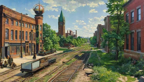 hudson yard,old linden alley,baltimore,eastern market,tram road,bremen,old street,petersburg,savannah,detroit,amtrak,hamburg,georgetown,harlem,street scene,railroad trail,old avenue,world digital painting,merchant train,streetcar,Art,Classical Oil Painting,Classical Oil Painting 20