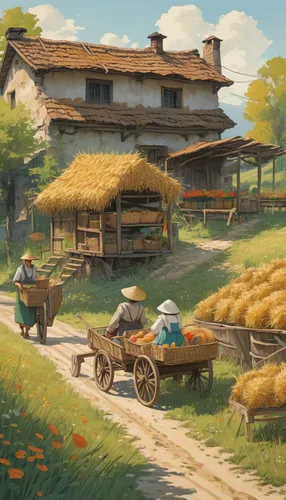 Describe a picturesque countryside scene with straw carts, where a couple is enjoying a romantic picnic surrounded by nature's beauty.,village life,straw carts,straw cart,farm landscape,straw harvest,