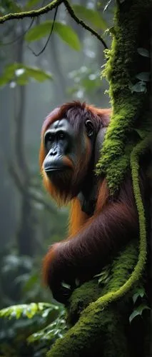 Mysterious orangutan, solo, ancient tree, vines entwined, misty rainforest, warm humid atmosphere, afternoon sunlight filtering through leaves, dense foliage, exotic flowers blooming, rough tree bark,