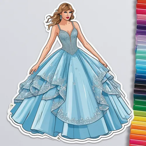 ball gown,quinceanera dresses,crinoline,fashion vector,hoopskirt,doll dress,tulle,cinderella,retro paper doll,wedding gown,cocktail dress,overskirt,fashion illustration,dress doll,fairy tale character,scrapbook clip art,princess sofia,quinceañera,royal icing,coloring page,Unique,Design,Sticker