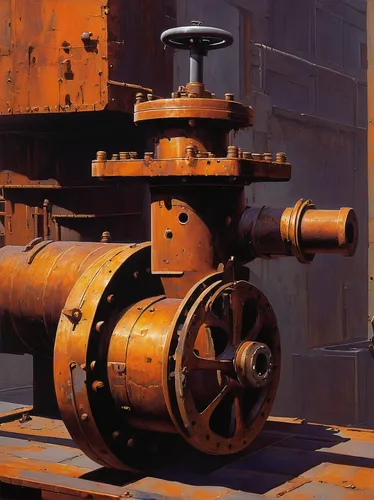 Compose a poetic description of a rusty valve, highlighting its importance in a dilapidated industrial setting.,steam engine,steam power,machinery,water pump,crankshaft,steampunk gears,boilermaker,ind