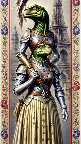 hold better the bread,joan of arc,crocodile woman,french digital background,woman frog,épée,french valentine,french tian,napoleon bonaparte,raphael,splendor skink,bonjour bongu,knight armor,frog princ