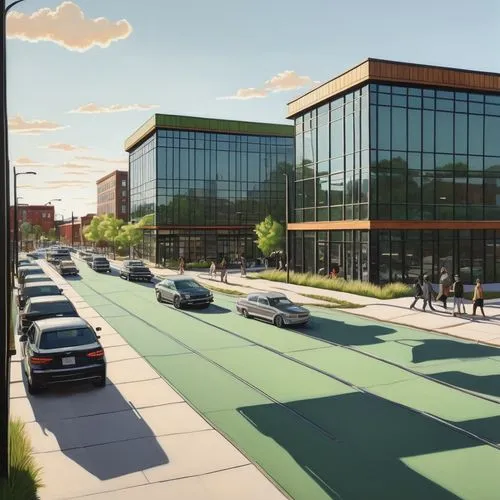 Modern architecture firm, Springfield MO, glass building, steel frame, wooden accents, green roof, urban setting, busy street, cars passing by, people walking, cityscape background, 3/4 composition, n