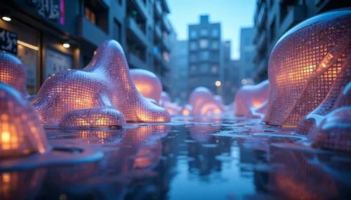 lightwaves,3d render,cinema 4d,3d fantasy,bokeh,water cube,fractal lights,city fountain,light effects,futuristic landscape,luminarias,light art,poured,kusama,voronoi,ambient lights,water display,fantasy city,3d background,fountains