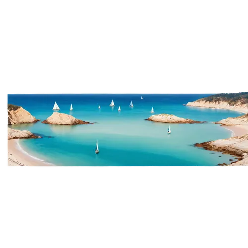 Bay, serene atmosphere, calm turquoise water, sailboats, yachts, seagulls flying overhead, sandy beach, gentle waves, rocky shores, misty morning, warm sunlight, panoramic view, 3/4 composition, soft 