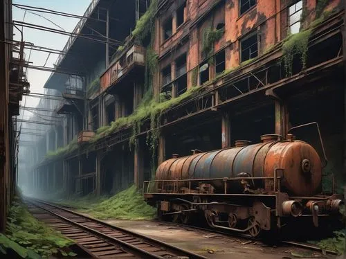 industrial landscape,industrial ruin,abandoned rusted locomotive,abandoned train station,abandoned factory,goods train,disused trains,industrialization,warehouses,old factory,industrialism,overlain,railworks,freight depot,carreau,railways,locomotive shed,railroad,industrial hall,merchant train,Conceptual Art,Oil color,Oil Color 04