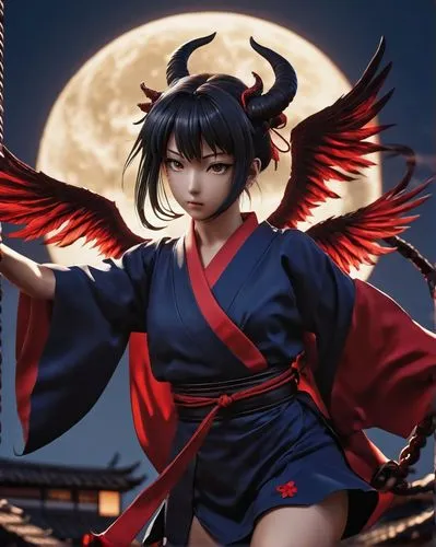 fighting anime character,japanese style,girl,satan,dark,moonlight,a very cute girl with some kind of wings,sango,izanami,inuyasha,kagura,hoketsu,takemi,Photography,General,Realistic