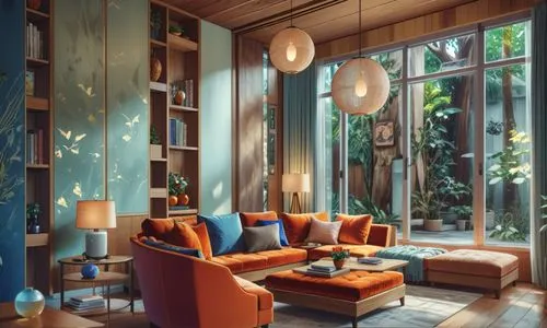 a living room filled with lots of furniture and pillows,livingroom,living room,sitting room,apartment lounge,blue room,modern decor,modern room,reading room,interior design,furnishings,sofa set,contem