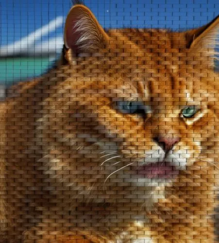 photorealystic cat garfield,wire mesh fence,window screen,wire mesh,red tabby,ginger cat,halftone background,halftone,comic halftone,color halftone effect,mesh and frame,cat frame,lego frame,honeycomb