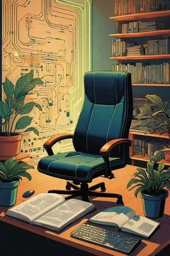 office chair,computer room,sci fiction illustration,blur office background,study room,modern office,working space,consulting room,office desk,desk,computable,bureau,computerologist,workspaces,computer graphic,ekornes,offices,computer workstation,book wallpaper,midcentury,Illustration,Retro,Retro 17