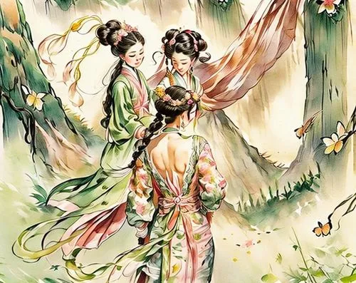 geishas,chuseok,hanfu,spring festival,kimono fabric,oriental painting