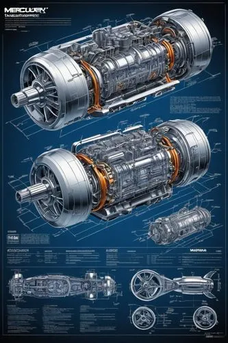 an industrial design sketch of a beautiful  motor: 50 Marauder AMG ( Mercury Racing QC4v de 1.550/1.350 caballos de potencia (4 Quad Cam) concept model, close up, futuristic style with all the data re