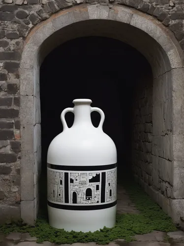 Create a spooky story involving a haunted flagon in an abandoned castle.,amphora,flagon,cooking pot,charcoal kiln,rain barrel,fragrance teapot,vaulted cellar,beer stein,funeral urns,wine barrel,tea po