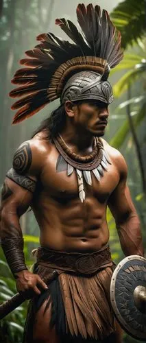 Samoan warrior, muscular male, traditional tattoos, tribal markings, fierce expression, strong jawline, braided hair, feathered headdress, warrior's armor, leather loincloth, wooden spear, shield with