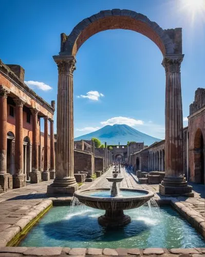 Ancient Roman city, Pompeii, historical building, stone structure, arches, columns, ornate carvings, marble floors, grand fountain, central square, crowded market, Mount Vesuvius in background, sunny 