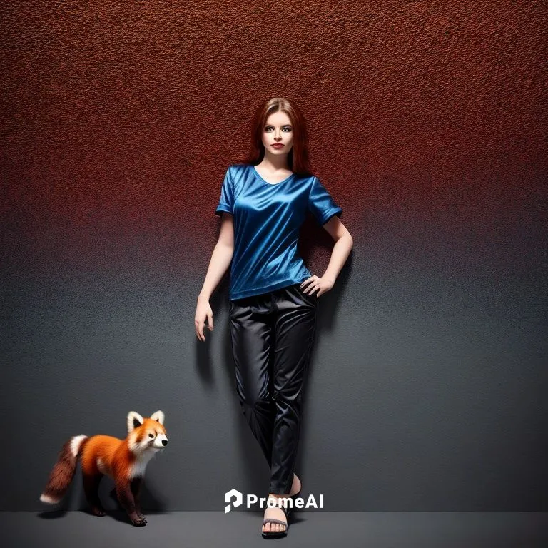 CGI illustration of real ideal woman (brunette // wearing plain azure t-shirt + black satin long pants + flip-flops) and her pet (animal breed: red panda fox),basenji,digital compositing,advertising f