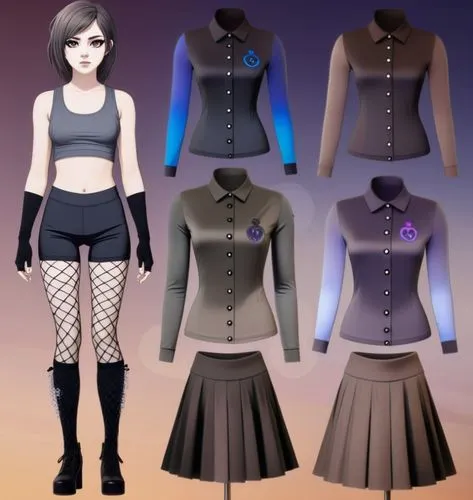 Paper doll 2d cartoon goth brown haired girl in black sleeveless shirt ,black tight fit spandex shorts, complete full length fishnet and black goth knee Boots, standing surrounded by with a set of got