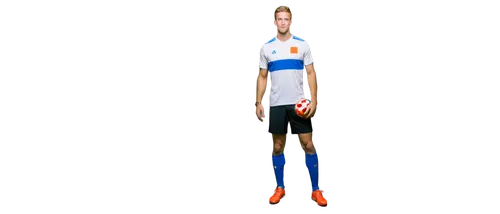 Tall, muscular man, Dutch football player, blonde hair, blue eyes, strong facial features, small nose, athletic build, white jersey with Netherlands flag, black shorts, soccer ball at feet, standing, 