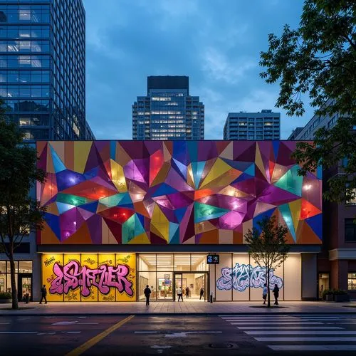 colorful facade,museumsquartier,cube house,artthielseattle,hypermodern,muralist,muralism,public art,ocad,kaleidoscope art,store front,muralists,mvrdv,graffiti art,aros,maser,wieden,illuminated advertising,hoardings,multiplexes