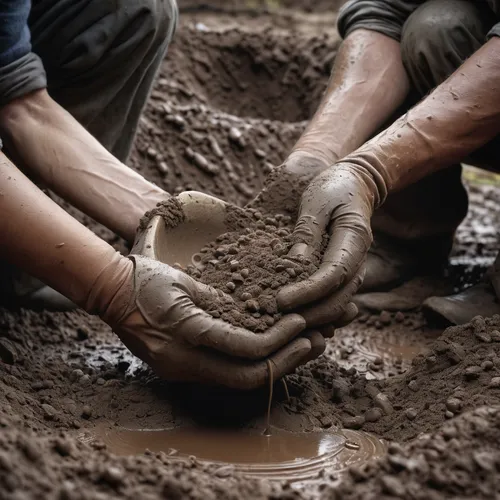 clay deposit, natural landscape, riverbank, digging action, shovel, overcast sky, muddy texture, wet clay, hands-on, outdoor environment, forest background, soft ambient light, close-up on hands, real