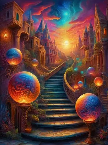 fantasy picture,the mystical path,fantasy landscape,fantasy art,fantasia,3d fantasy,fantasy city,pathway,world digital painting,fantasy world,colorful spiral,dimensional,aurora village,magical adventure,fractals art,astral traveler,colorful city,magical,psychedelic art,utopian,Conceptual Art,Oil color,Oil Color 22