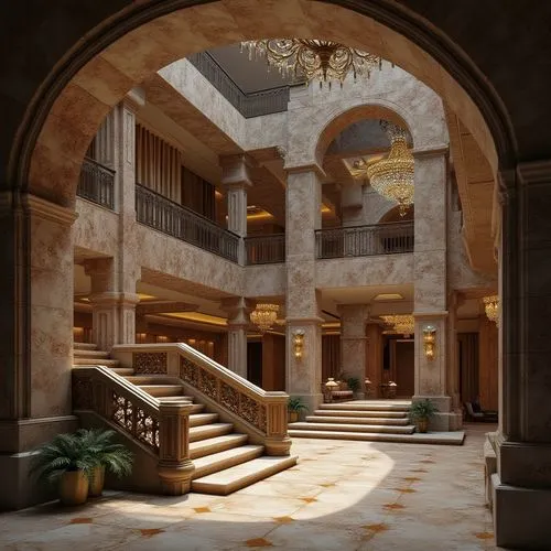 Masonry materials, modern architectural design, interior venue, luxury hotel lobby, grand staircase, intricate stone carvings, marble floors, polished granite walls, ornate brick patterns, rustic wood