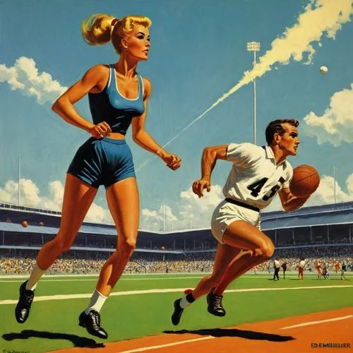 sports girl,emshwiller,athletic sports,sports,woman playing tennis,decathlete,Conceptual Art,Sci-Fi,Sci-Fi 14