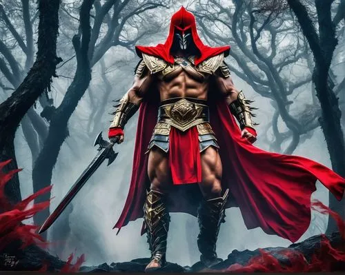 Shao Kahn inspired artwork, dramatic lighting, bold brushstrokes, vibrant colors, powerful warrior, muscular male, intimidating gaze, intricate armor, golden accents, red cape flowing in wind, dynamic