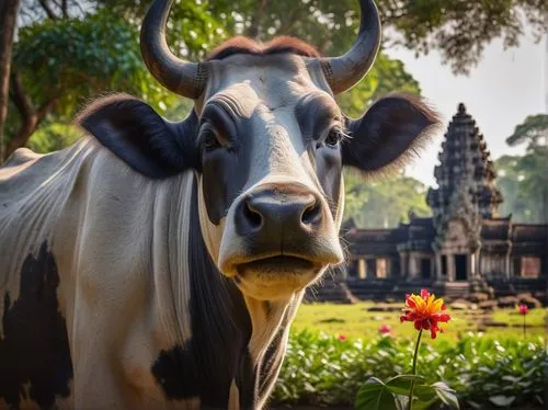 Majestic sacred cow, Cambodia's national animal, gentle eyes, curved horns, fluffy ears, soft fur, standing proudly, Angkor Wat temple background, lush greenery, vibrant flowers, warm sunlight filteri