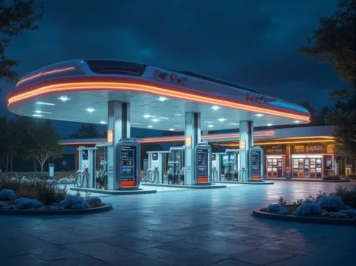 Modern futuristic gas station, sleek curves, neon lights, metallic materials, high-tech pumps, touchless payment systems, LED displays showing fuel prices, giant screens for advertisements, self-servi