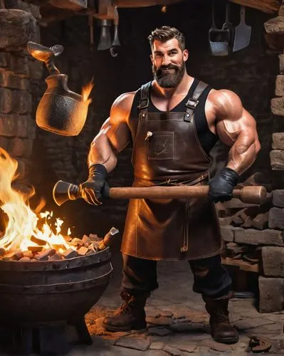 Zora maker, male, muscular, blacksmith, intense gaze, messy short hair, thick beard, leather apron, worn gloves, holding hammer, standing, workshop, stone walls, wooden workbenches, scattered tools, f