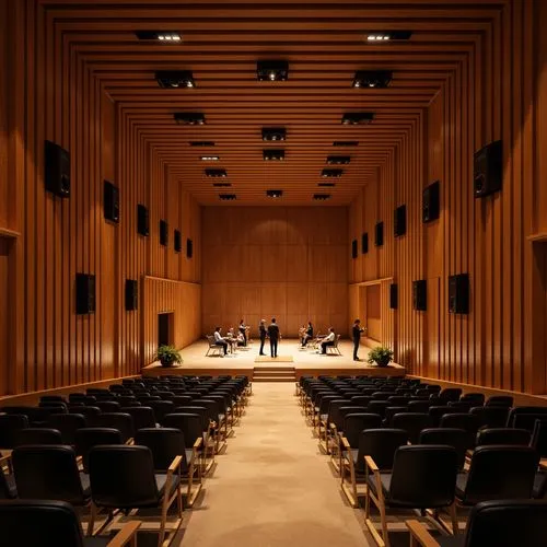 Intimate concert hall, wooden paneling, sound-absorbing materials, curved lines, minimal ornamentation, warm color palette, comfortable seating, excellent acoustics, high-fidelity speakers, precise so