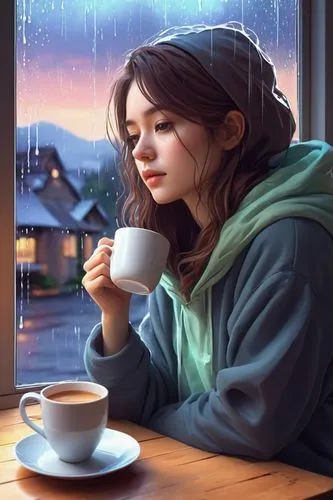 woman drinking coffee,woman at cafe,coffee background,drinking coffee,rainy day,coffee tea illustration,winter morning,hot coffee,a cup of coffee,cappuccino,coffee break,autumn hot coffee,rainy,hot drink,coffee,coffe,coffee time,drink coffee,depressed woman,hot drinks,Illustration,Paper based,Paper Based 07