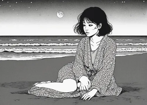 Create a melancholic Omori sitting alone on a moonlit beach.,shirakami-sanchi,lonely,worried girl,sea night,melancholy,longing,loneliness,lonliness,alone,mari makinami,girl on the dune,maimi fl,sea be