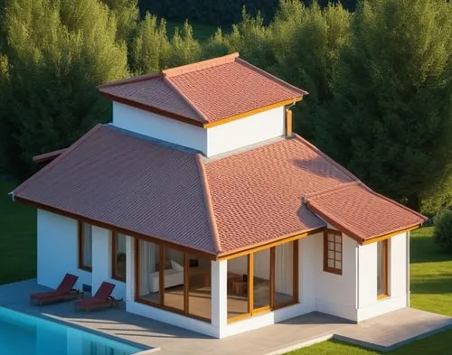 an architectural style house has a pool in front,pool house,house roof,roof landscape,miniature house,grass roof,folding roof,Photography,General,Realistic