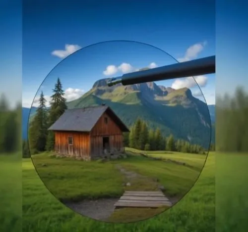 a house on the side of a hill with a view of it through a magnifying lens,parabolic mirror,mirror in the meadow,round hut,magnifying lens,alphorn,round autumn frame,round house,icon magnifying,landsca