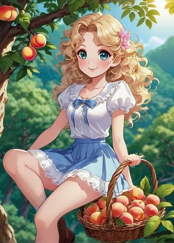 Priscilla Peach, cute anime girl, sweet smile, curly blonde hair, big blue eyes, sparkly eyeshadow, rosy cheeks, slender waist, short skirt, white blouse, lace socks, brown boots, holding a basket of 