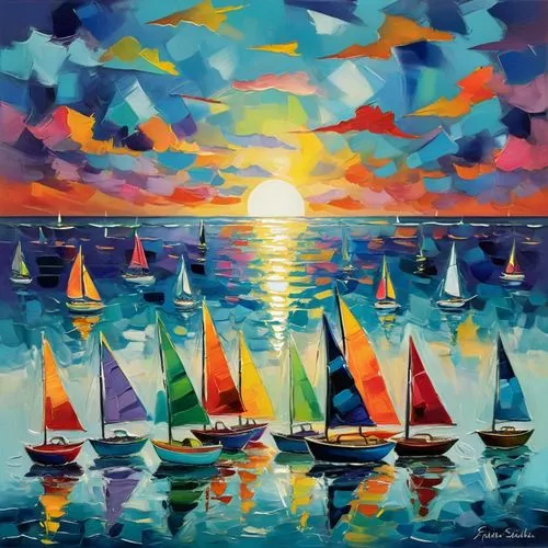 colorful glass sky with colorful glass sailboats lined up next to each other on a colorful glass sea.,sailboats floating in a large body of water,sailing boats,sailboats,sailing boat,dubbeldam,sailing