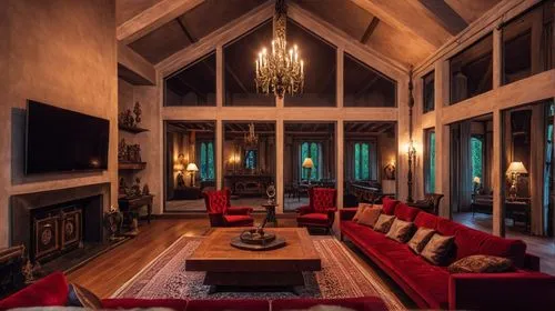 a large living room with many red chairs,luxury home interior,great room,sitting room,fireplaces,ornate room,opulently,interior decor,interior design,interiors,poshest,living room,greystone,opulent,fa