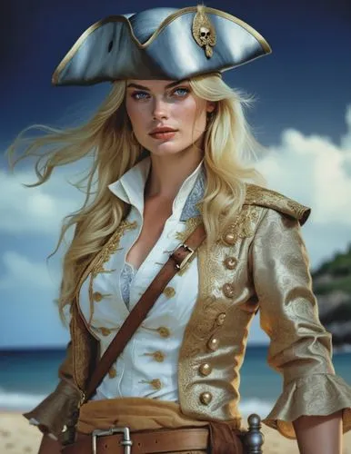 a woman wearing a pirate hat, charlie bowater character art, treasure island, it is the captain of a crew, black and white coloring, drawn in the style of mark arian, portrait of margot robbie, unused