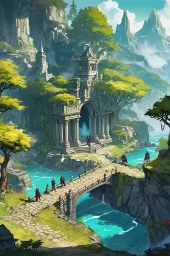 fantasy landscape,ancient city,karst landscape,druid grove,tigers nest,landscape background,high landscape,meteora,mountain settlement,an island far away landscape,futuristic landscape,game illustration,background with stones,backgrounds,fantasy world,bird kingdom,ruins,mountain spring,mushroom landscape,mountain world,Illustration,Paper based,Paper Based 25